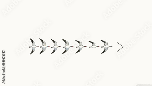 Minimalist Lineup of Migrating Wading Birds in Flight Heading Toward a V-Formation Arrow Against a Plain Off-White Background, Minimal Artistic Composition