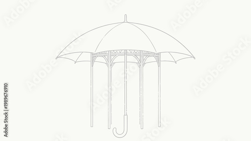 Surreal Pencil Sketch Hybrid Structure Combining an Open Umbrella and a Gazebo, Minimalist Line Art on Plain Off-White Background, Optical Illusion Architectural Concept Drawing