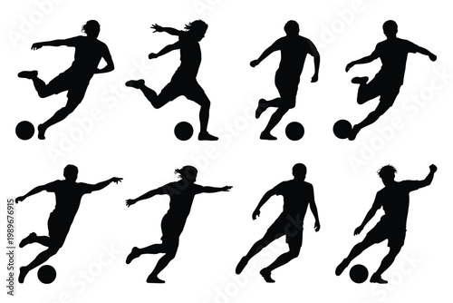 Silhouettes of athletes playing soccer in dynamic action poses kicking and dribbling balls in mid air showcasing movement and energy in a minimalist black and white design