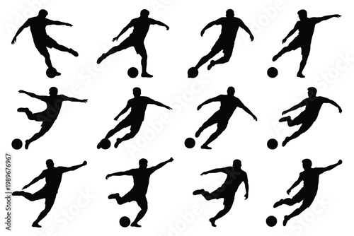 Dynamic black silhouettes of soccer players in motion kicking balls illustrating athletic movement and competition in a minimalist design