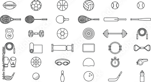 Black outline vector sports equipment icon set, athletic gear, fitness tools, balls, dumbbells, boxing gloves, sneakers, training accessories for gym sports club and workout design