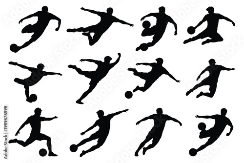 Dynamic silhouettes of soccer players in action kicking and heading the ball in mid air isolated on white background
