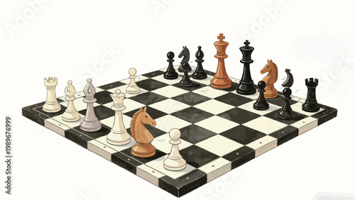 Watercolor Illustration of a Mid-Game International Chess Position on a Perspective Chessboard, with Mixed Light, Amber and Black Chess Pieces on a Plain Off-White Background