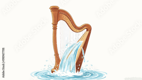 Surreal Watercolor Illustration of a Wooden Celtic Harp With Flowing Water Cascading From Its Frame, Splashing Into Rippling Water Against a Plain Off-White Background