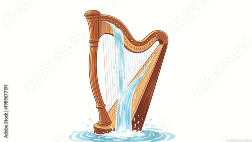 Surreal Conceptual Illustration of a Wooden Harp With Flowing Water Cascading Down Its Strings, Blending Music and Nature on a Plain White Background