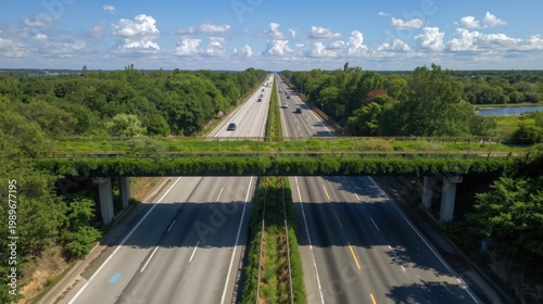 Aerial view of a wide eco friendly wildlife corridor with lush greenery on a highway overpass