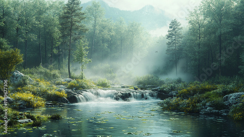Sunlit Forest Waterfall in a Tranquil Green Valley