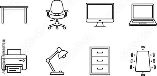 Minimal black outline vector modern office essentials icon set, desk chair computer laptop printer storage meeting table for workspace planning corporate interior and business design