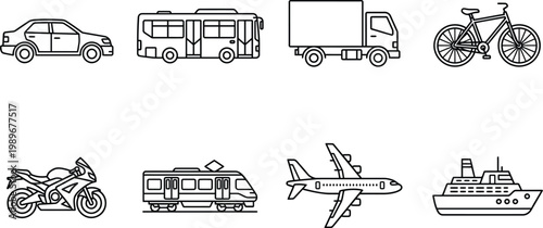 Clean black outline vector transportation icon set, cars, bus, truck, bicycle, train, airplane and ship for travel logistics mobility public transit infographic and map design