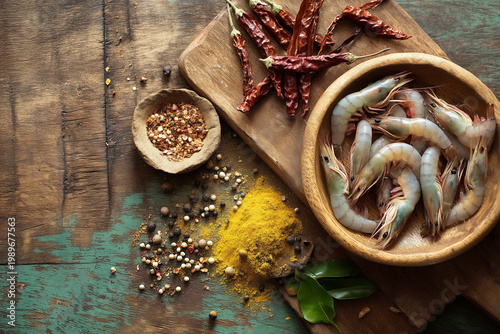 Top view flat lay of raw white shrimp in a wooden bowl with chili peppers, turmeric powder, and peppercorns on an aged rustic wooden table
