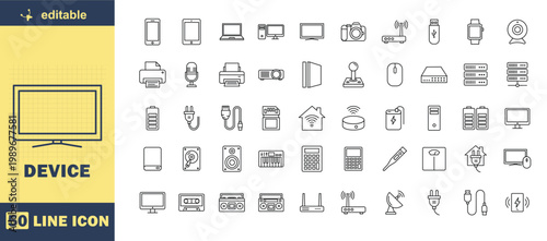 A collection of line icons depicting various electronic devices and gadgets