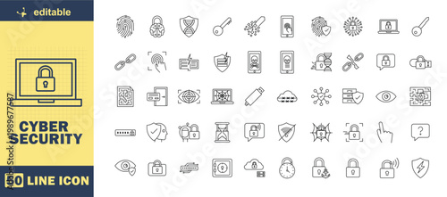 A collection of editable line icons related to cyber security