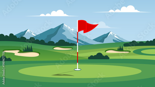 Scenic golf course view perfect putting green with flag and bunkers