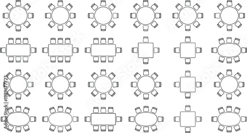 Seamless repeating vector CAD furniture pattern, plan view tables and chairs layout symbols, dining and meeting seating blocks for architectural interior design and space planning background