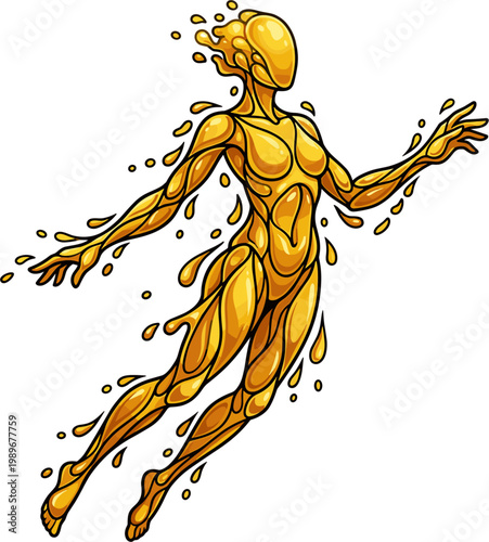 Abstract golden fluid humanoid figure in motion, liquid form, dynamic pose, flowing energy, golden drops, fantasy character
