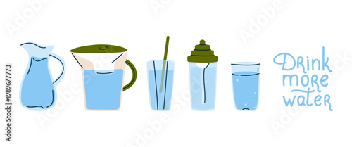 Water jug and glass vector set for healthy hydration. Drink more water lettering. Fresh drink icons for habit tracker, health blog, or kitchen menu design.