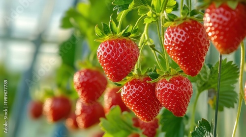 Ripe red strawberries hanging on a green vine in bright sunlight