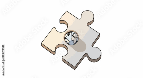 Isometric illustration of a single puzzle piece containing a miniature globe, symbolizing global connection, problem-solving, and unity.