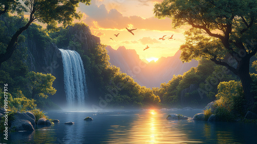 Sunlit Forest Waterfall in a Tranquil Green Valley