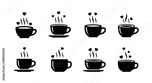 Eight black and white steaming coffee cups with delicate hearts rising from hot beverage illustration