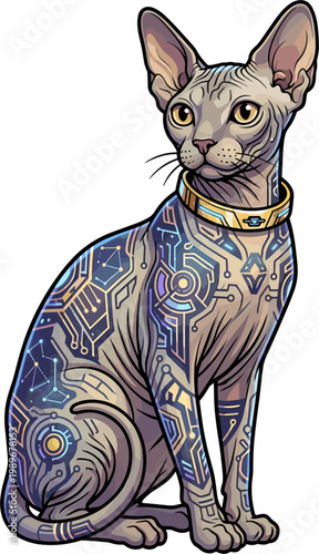 Pixel art sphynx cat with futuristic cybernetic tattoos and golden collar, sitting regally, vector illustration