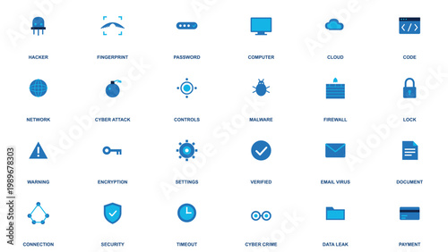 Cyber security icons set in blue flat style, 24 network safety and data protection vector elements, internet privacy and encryption symbols