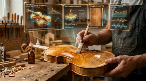 Luthier Applying Varnish to Violin with AR Acoustic Property and Wood Grain Mapping