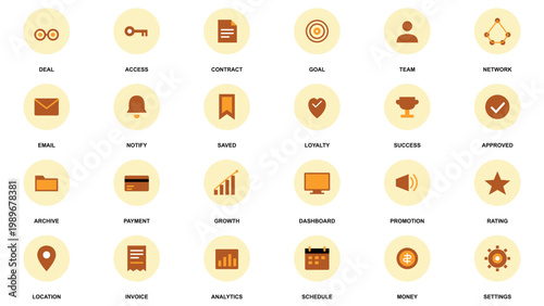Modern business icon set, 24 flat corporate vector symbols in orange and yellow circles, professional web UI elements for marketing and analytics