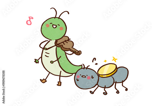 Obraz na plátně Grasshopper playing violin happily and Ant working hard to carry coins, Ant and