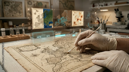 Conservator Cleaning Vintage Map with AR Damage Assessment and Restoration Progress Tracki