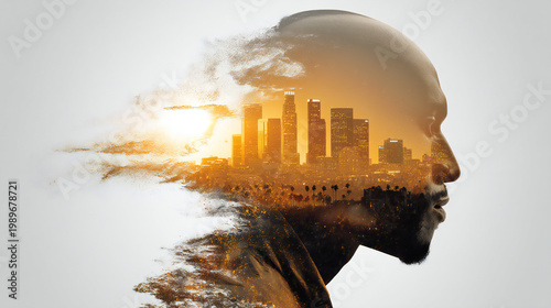 Male side profile with urban skyline blended into silhouette. Creative business concept symbolizing strategic vision, leadership, innovation, and forward thinking.