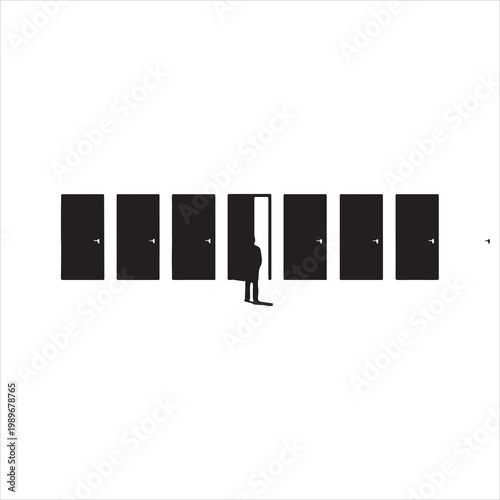 A solitary figure stands at the threshold of a choice, contemplating an open door amidst a row of identical, closed options, symbolizing decision-making and pathways