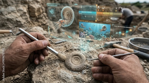 Paleontologist Examining Ammonite Fossil in the Field with AR Data Interface