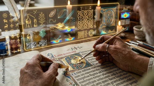 Calligrapher Working on Ancient Latin Manuscript with Illuminated Gold Leaf and Digital Ho