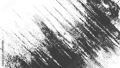Black and White Grunge Vector Background with Halftone Textures and Diagonal Distressed Brush Strokes