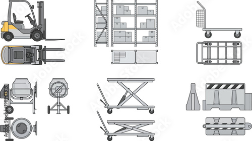 Warehouse and construction site CAD vector icon set, forklift shelving pallet scissor lift safety cones barriers and equipment symbols for logistics and industrial floor plan design