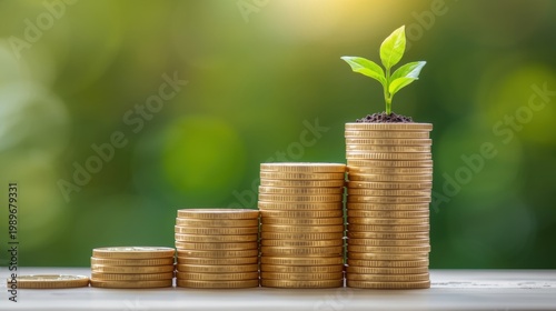 Stacked gold coins forming upward graph with small green plant on top symbolizing financial growth and investment success