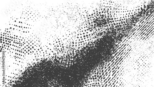 Black and White Halftone and Stipple Grunge Vector Texture Background with Distressed Wavy Patterns
