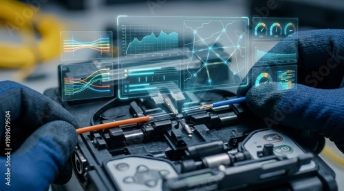 Technician Repairing Fiber Optic Cables with Fusion Splicer and Digital Signal Analysis
