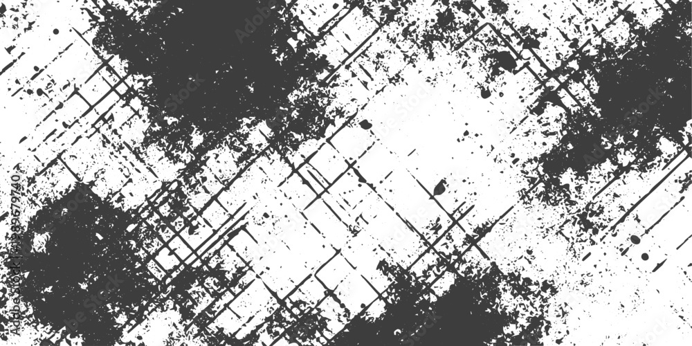 Fototapeta premium Black and White Grunge Texture with Distressed Grid and Ink Splatter Effects for Graphic Design Backgrounds
