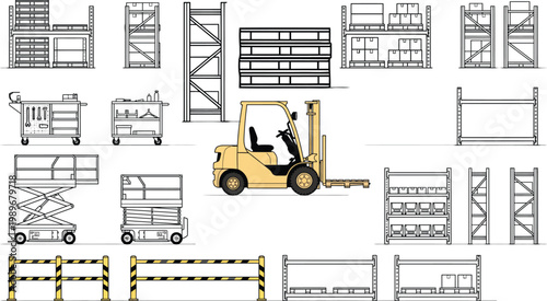 Industrial warehouse CAD vector icon set, forklift racking pallets carts ladders safety barriers and logistics equipment in technical black outline with yellow accents for floor plan design