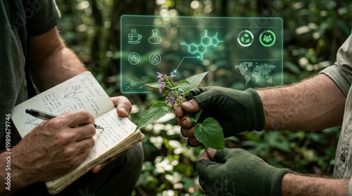 Biologist Examining Medicinal Plant in Jungle with Holographic Molecular Data