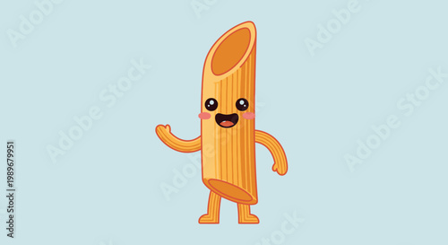 Cute Happy Cartoon Penne Pasta Character Waving Cheerfully on a Light Blue Studio Background