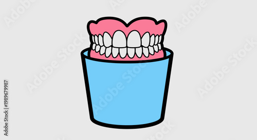 Full Set of Dentures in Blue Container for Oral Hygiene on Bright Grey Background