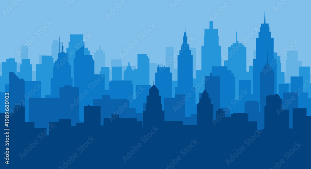 Fototapeta premium Blue City Skyline Silhouette, Abstract Urban Landscape Illustration with Modern Buildings