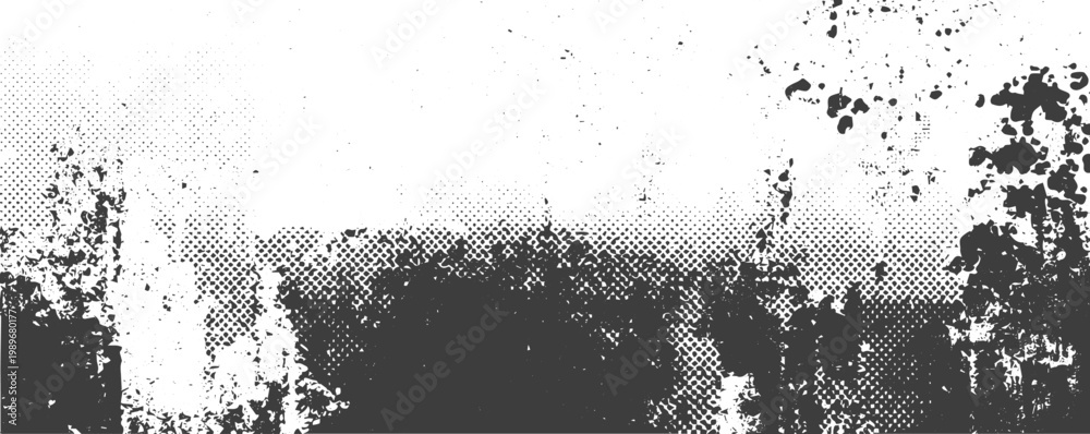 Obraz premium Black and White Grunge Halftone Texture Panoramic Vector Banner with Distressed Ink Splatter and Grainy Background