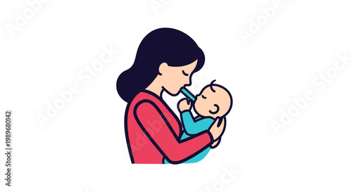 Loving Mother Tenderly Holding Newborn Baby with Care on Isolated White Background