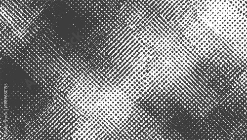 Monochrome Distressed Halftone Crosshatch Texture Vector Background with Grunge Overlay Effect