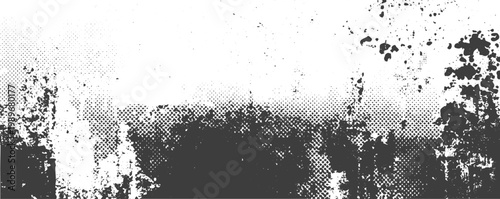 Black and White Grunge Halftone Texture Panoramic Vector Banner with Distressed Ink Splatter and Grainy Background