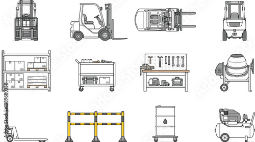 Technical CAD construction and warehouse vector icon set, forklifts racks pallets carts mixers and safety equipment in black outline with yellow accents for engineering floor plan design